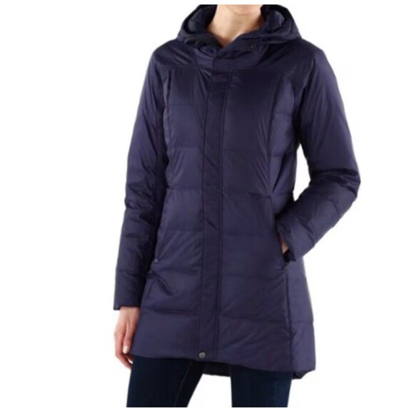 REI Womens Hooded Sayan Down Jacket Navy Blue Winter Outdoor S Packable - Picture 1 of 11